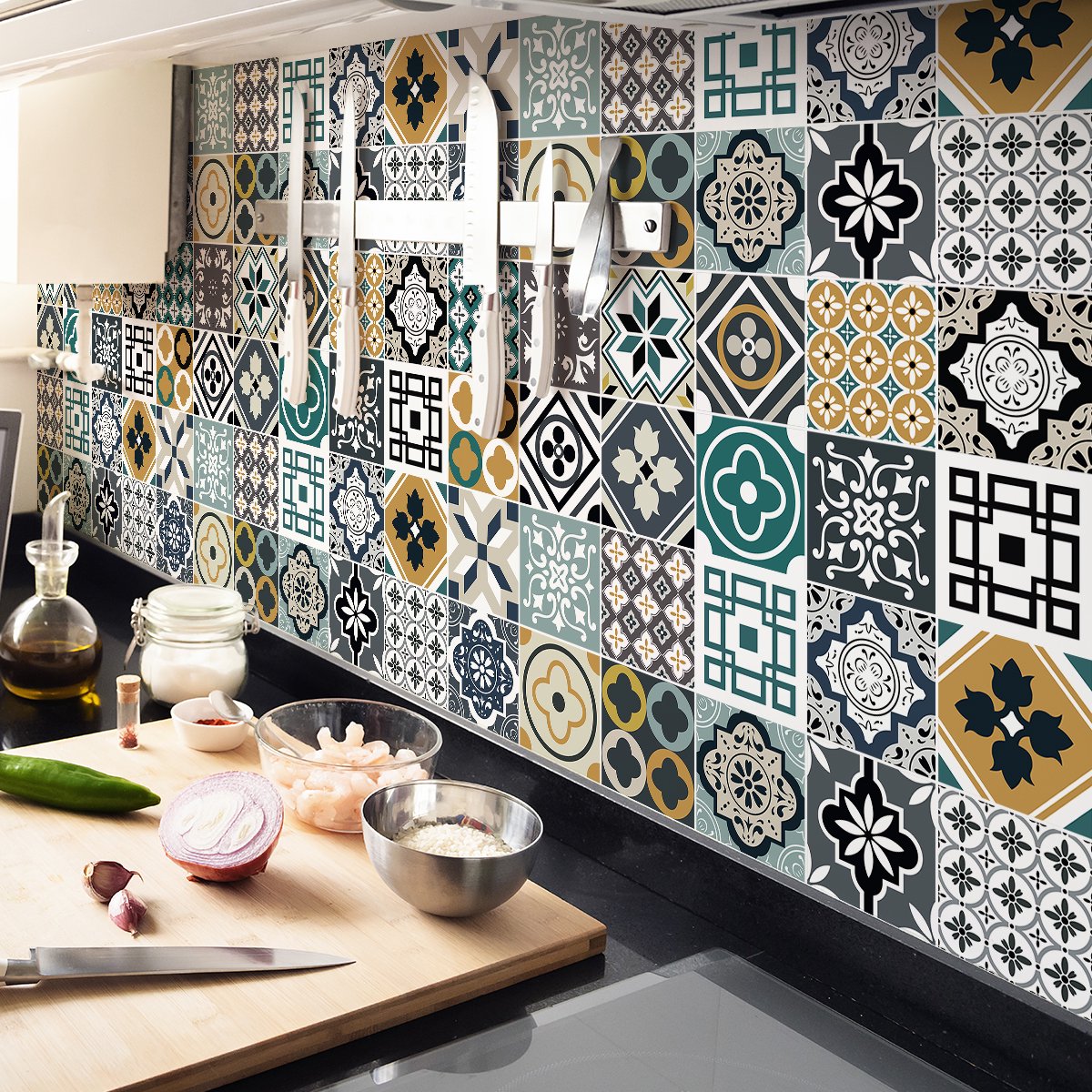 Ambiance Sticker Muurstickers - Zelfklevende tegelmuurstickers voor keuken en badkamer - 24 SAFIA tegelstickers - 24 stickers 20x20cm Multi color