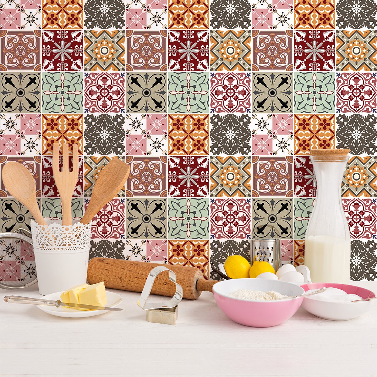 Ambiance Sticker Zelfklevende tegelmuurstickers voor keuken en badkamer - 9 Natacha cementtegelstickers - 9 stickers 15x15cm Multi color