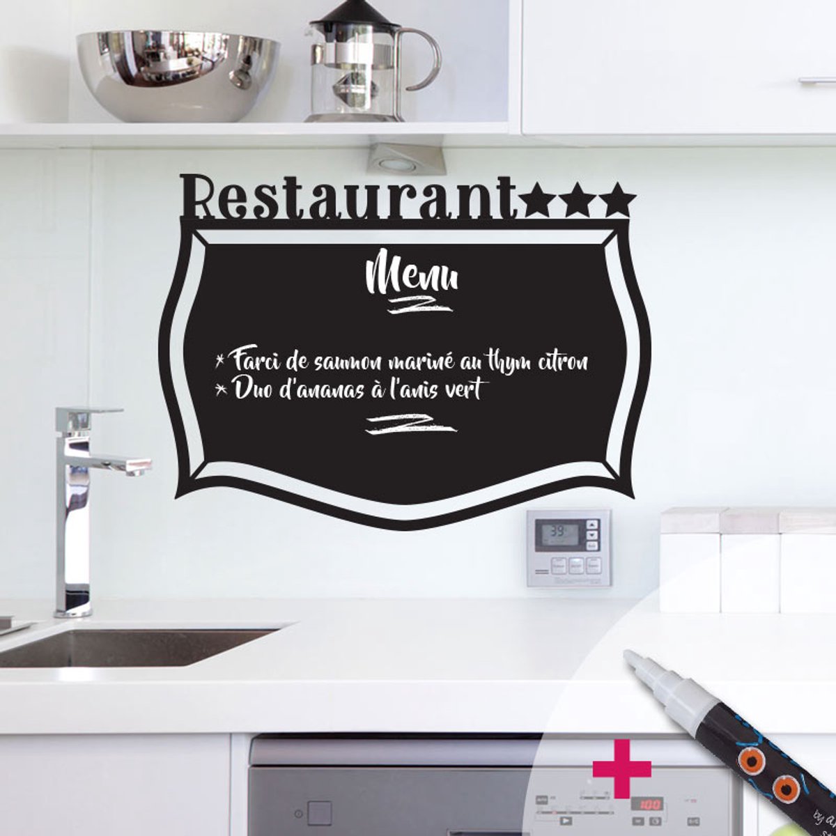 Ambiance Sticker Schoolbordsticker - uitwisbare zelfklevende muurstickers - 3-STERREN RESTAURANT + WITTE VLOEIBARE KRIJT - 75x105cm Multi color