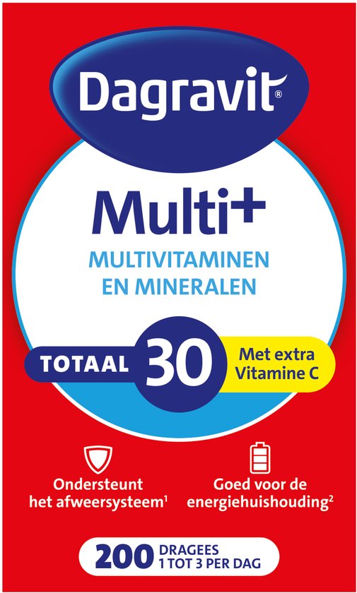 Verpakking Dagravit Multi+: 30 multivitaminen en mineralen. Totaal 30. Ondersteunt afweersysteem, goed voor energievehuishouding, met extra vitamine C.