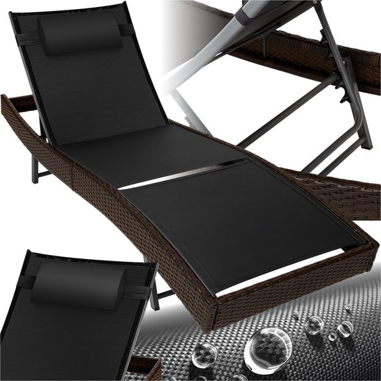 tectake® Wicker zonnebed met 6-voudig verstelbare rugleuning - Ligstoel met afneembaar hoofdkussen - Outdoor ligbed - UV-bestendig - Relaxstoel voor tuin, terras en balkon - Mixed-bruin
