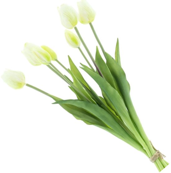 Bouquet de tulipes artificielles Bellatio Design Sally - 7 pièces - crème - toucher réel - 47 cm