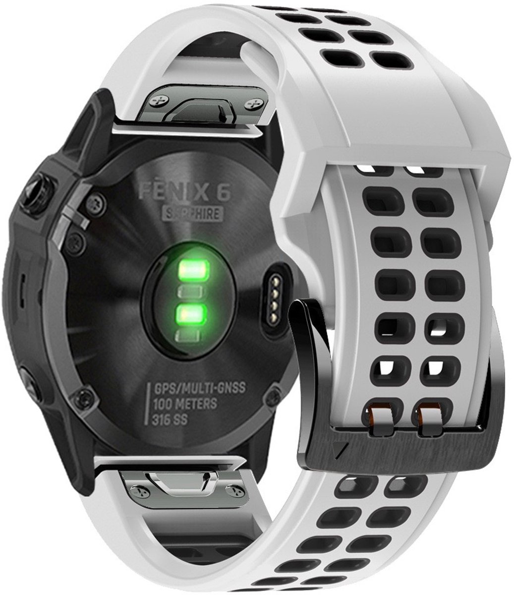 Stravo Zachte Siliconen Bandje met Dubbele Gesp - Garmin Fenix 5 (Plus)/Fenix 6 (Pro)/Fenix 7 (Pro-Sapphire-Solar)/Fenix 8-47mm/Fenix E-Garmin Epix (Pro) Gen 2-47mm - QuickFit 22mm Siliconen Horlogeband voor Garmin smartwatches - Wit thumbnail 2