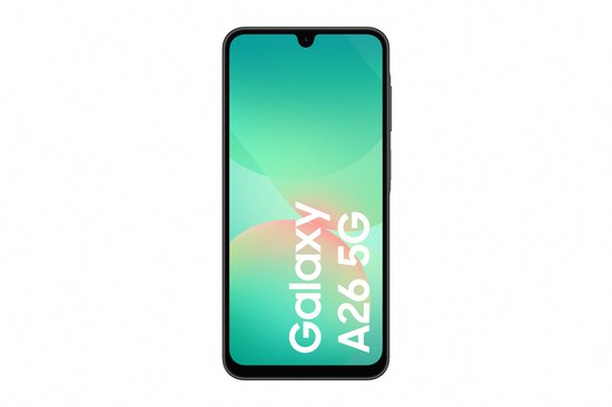 Zwarte Samsung Galaxy A26 5G telefoon met een groen abstract scherm, tekst "Galaxy A26 5G".