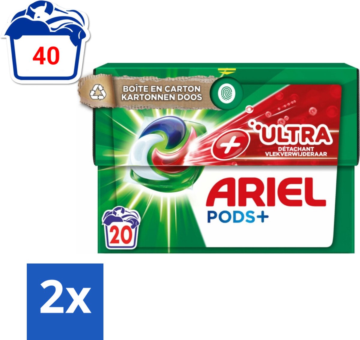 2 x Ariel +Ultra - Vlekverwijderaar & Wasmiddelcapsules - Pods+ - Witte en Gekleurde Was - 20 Wasbeurten - Ariel Pods+ - Wasmiddelcapsules - Vlekkenverwijderaar - Wasmiddel - Wascapsules