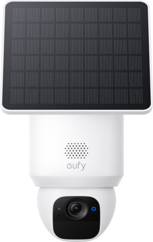 Witte camera met zonnepaneel en Eufy logo.