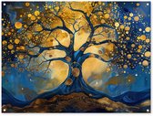 Tuinposter 120x90 cm - Tuindecoratie Boom - Levensboom - Blauw - Goud - Poster voor in de tuin - Buiten decoratie - Schutting tuinschilderij - Tuindoek muurdecoratie - Wanddecoratie balkondoek