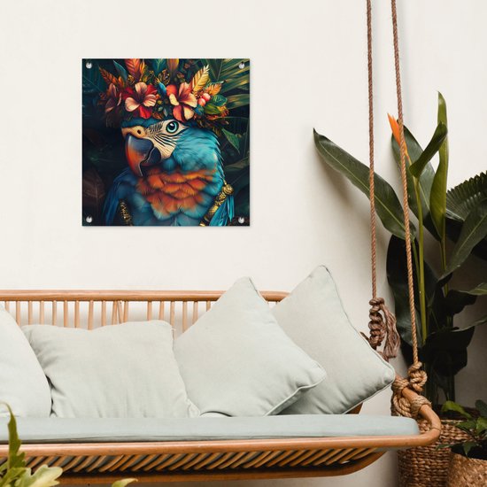 Tuinposter 50x50 cm - Tuindecoratie Papegaai - Vogel - Kleurrijk - Bloemen - Bladeren - Poster voor in de tuin - Buiten decoratie - Schutting tuinschilderij - Tuindoek muurdecoratie - Wanddecoratie balkondoek