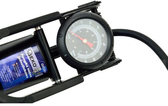 Manometer van de Geko voetpomp met blauw label en drukweergave tot 7 bar.