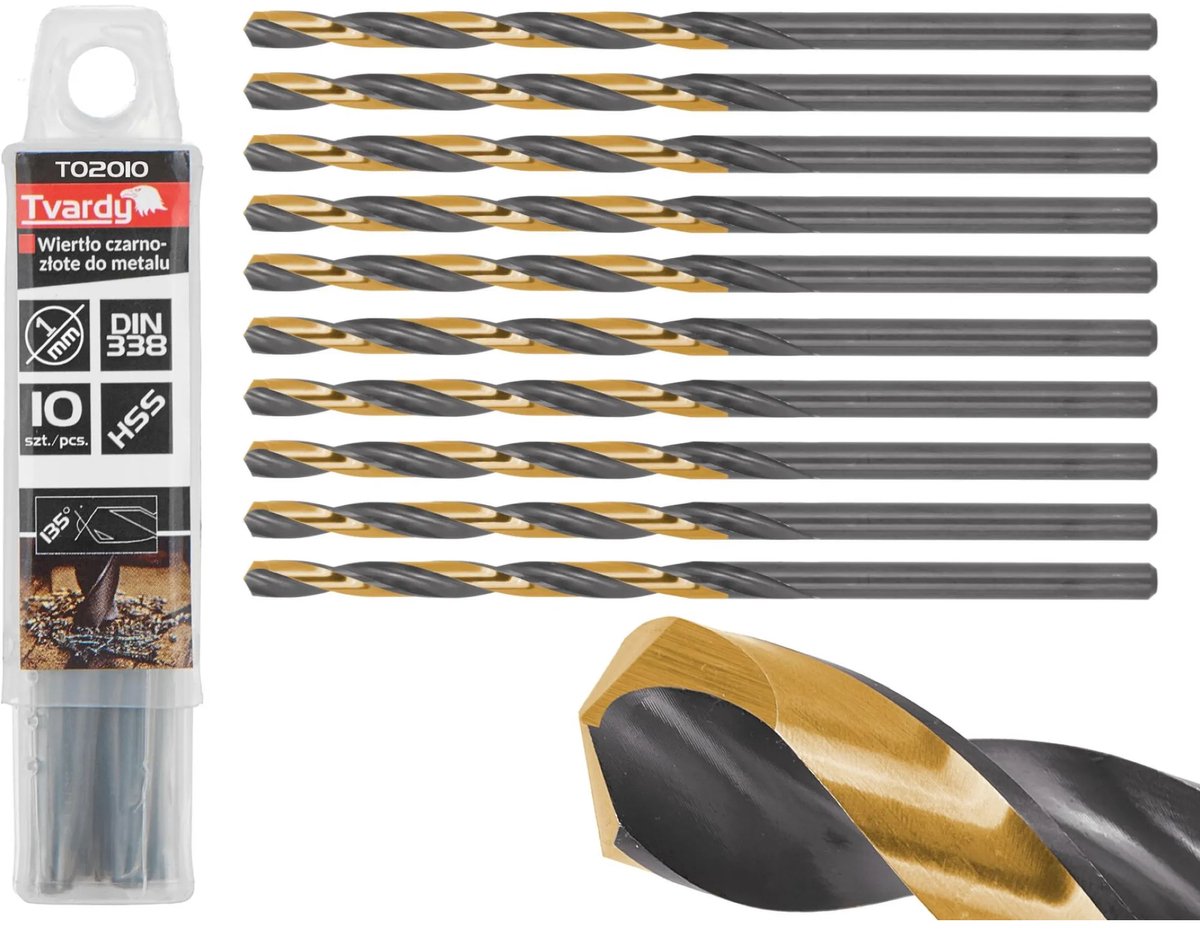 Tvardy Metaalboor - HSS 1,00 mm - TiN Coating - Zwart & Goud - Slijphoek 135° - 10 stuks