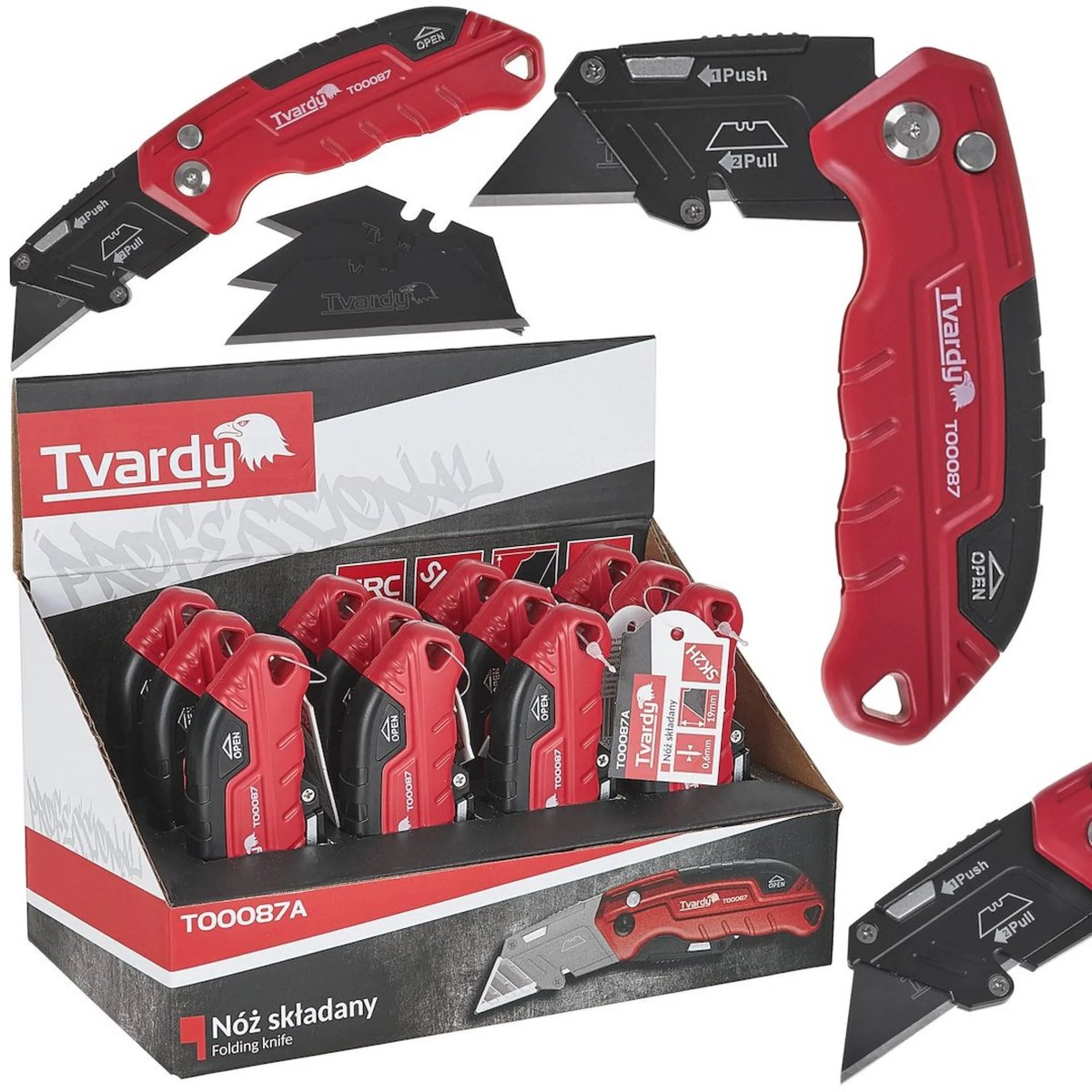 Tvardy Opvouwbaar mes - Trapeziumvormig lemmet - SK2H staal - Aluminium behuizing - 3 reservemessen - 163 mm - 12 stuks