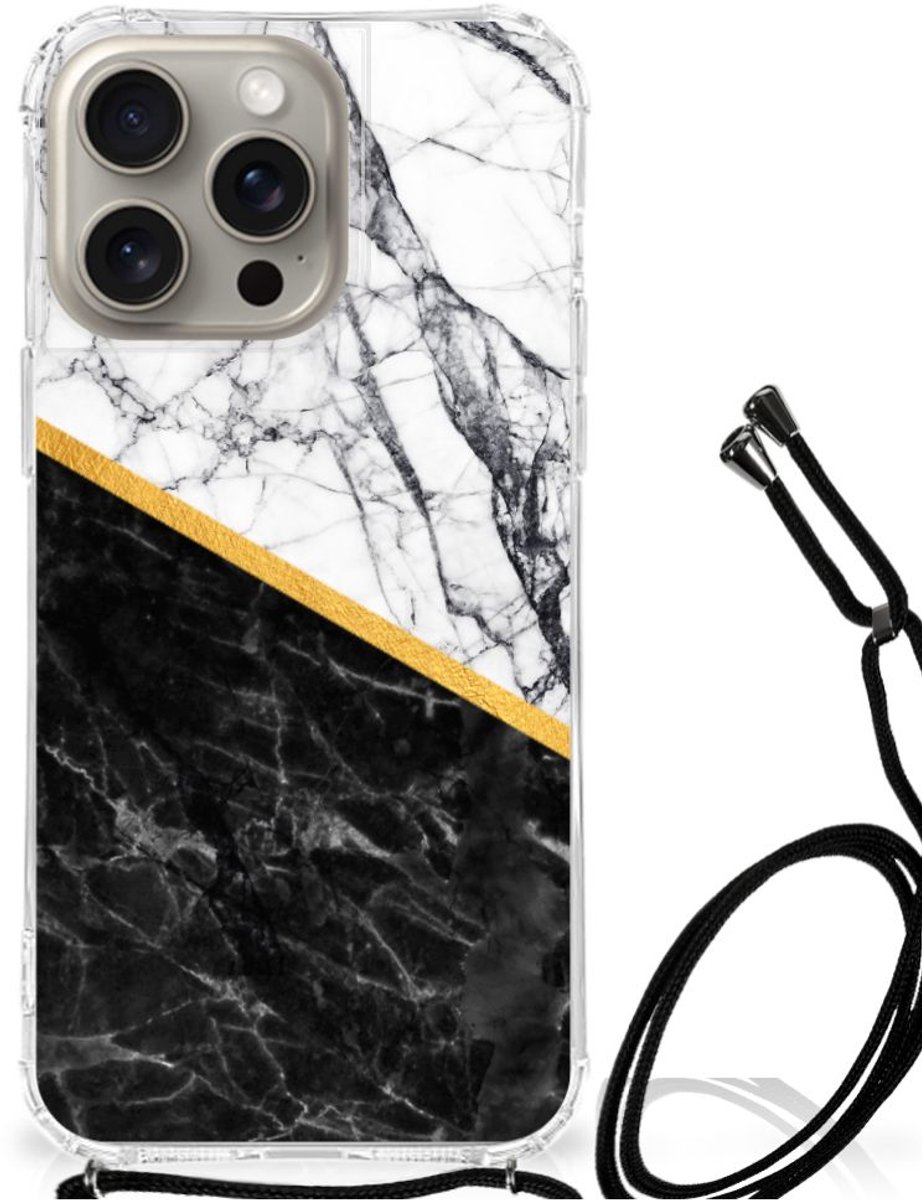 iPhone 15 Pro Max Anti-Shock Hoesje Marmer Wit Zwart - Origineel Cadeau Man