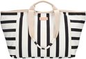 Gestreepte tas met beige handvatten en een lichtbruin logo.
