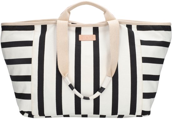 Gestreepte tas met beige handvatten en een lichtbruin logo.