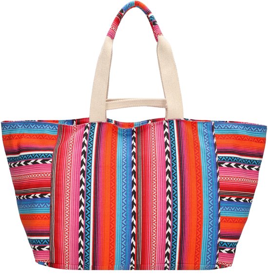Grote tas met fuchsia, oranje, blauwe en zwarte strepenprint. Beige hengsels.