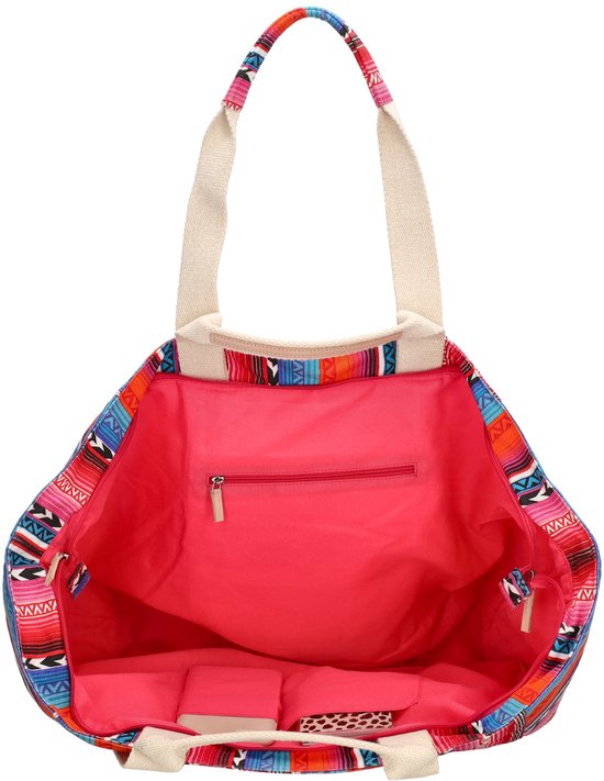 Open grote tas met kleurrijke strepen, fuchsia voering en ritsvak aan de binnenkant.