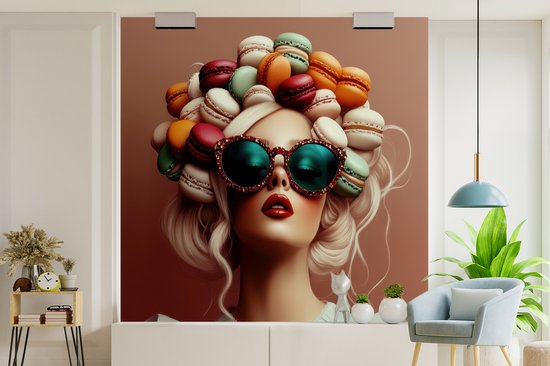 Behang - Fotobehang Vrouw - Macarons - Bril - Breedte 220 cm x hoogte 220 cm