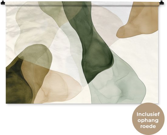 Wandkleed met abstracte, overlappende vormen in groen en beige tinten, met een icoon voor de ophangroede.