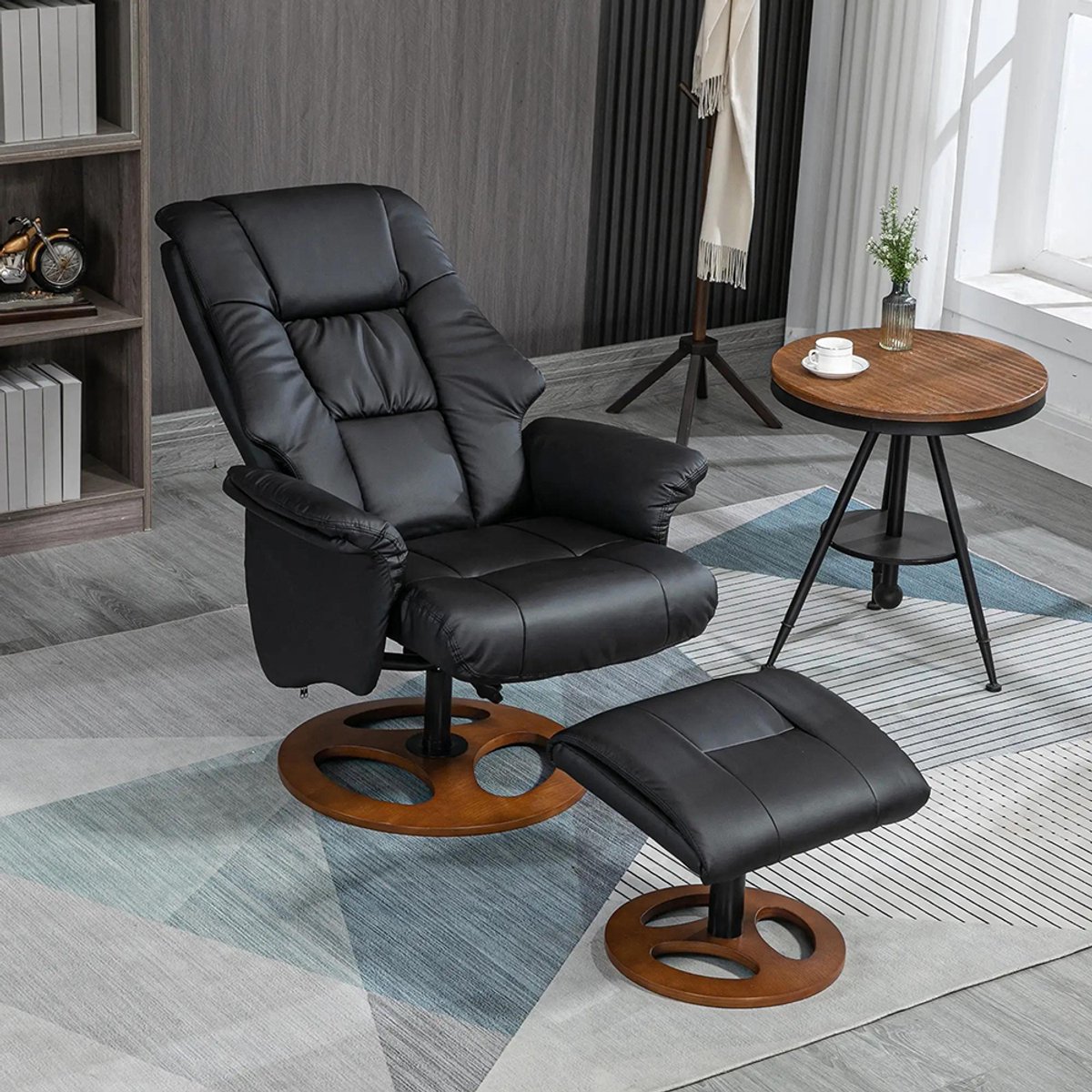 Sweiko Relaxfauteuil - met Kruk - Verstelbare rugleuning - 360° Draaibaar - Kunstleer - Zwart