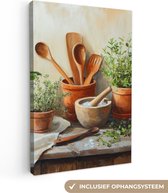 Canvas schilderij 80x120 cm - Exclusieve wanddecoratie Potten - Kruiden - Hout - Muurdecoratie woonkamer - Slaapkamer decoratie - Kamer accessoires - Schilderijen op canvas