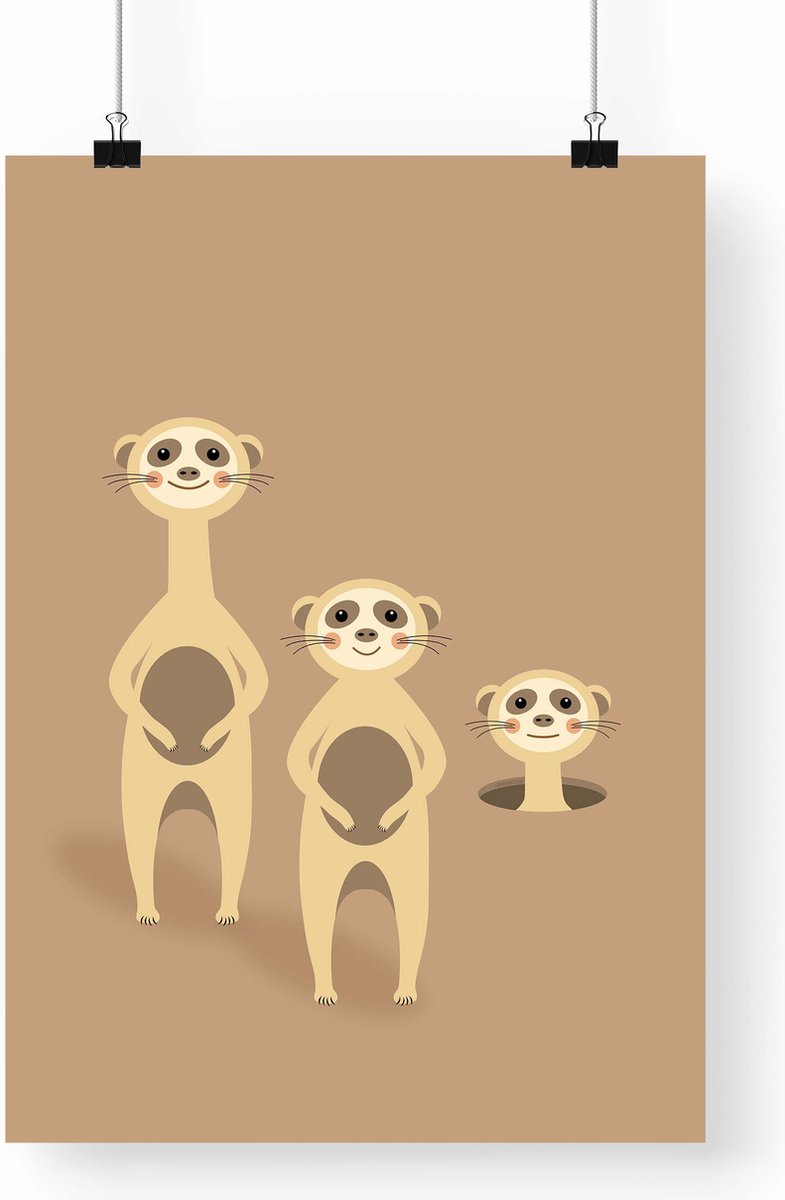 Artprint Stokstaartjes - Vrolijke illustratie in A3 formaat - Poster 3 nieuwsgierige stokstaartjes - Baby- en Kinderkamer