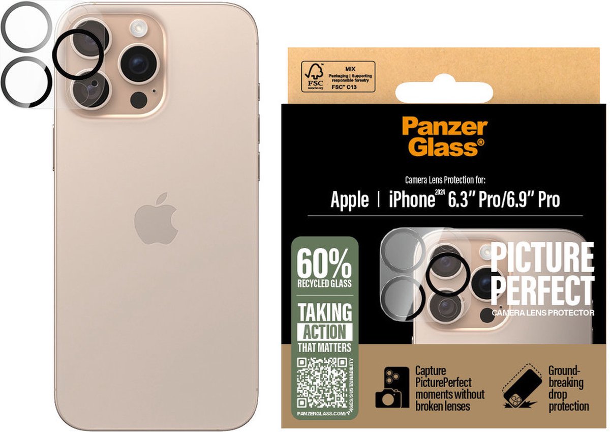 PanzerGlass Screenprotector geschikt voor Apple iPhone 16 Pro Max Glazen | PanzerGlass PicturePerfect Camera Protector - Case Friendly
