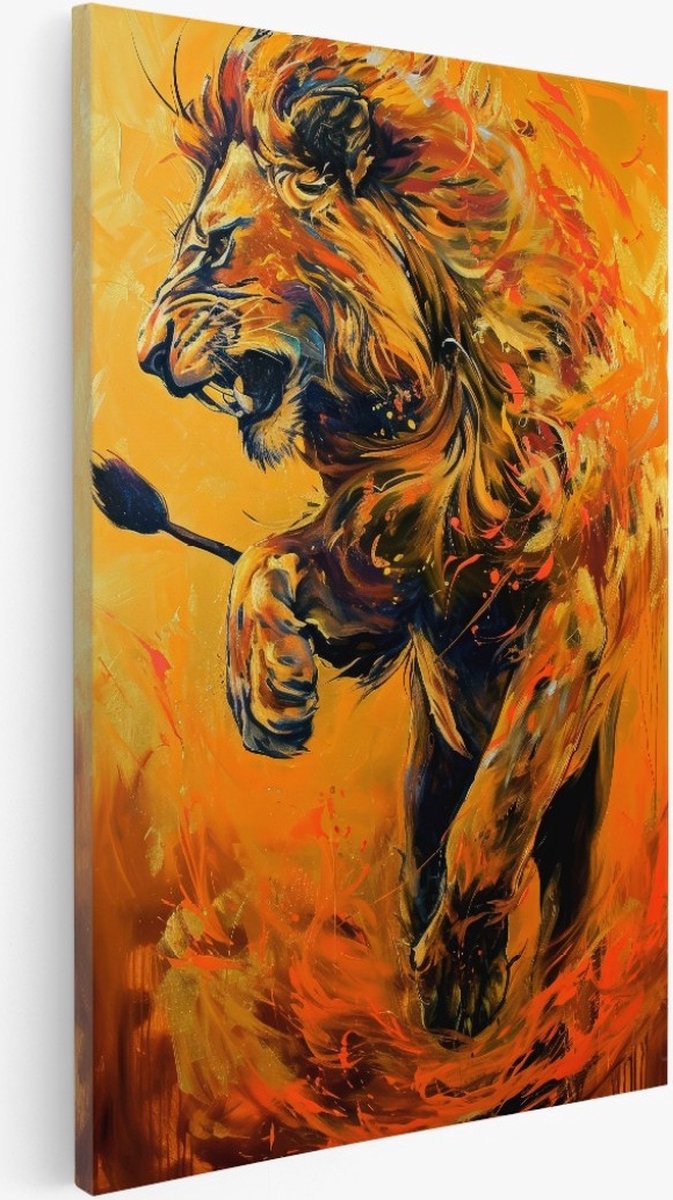 Saammp Canvas Schilderij - Springende Leeuw - Abstract - Dieren - 40x60 - Foto op canvas - Wanddecoratie - Muurdecoratie Woonkamer - Slaapkamer decoratie - Canvas Print Multicolor