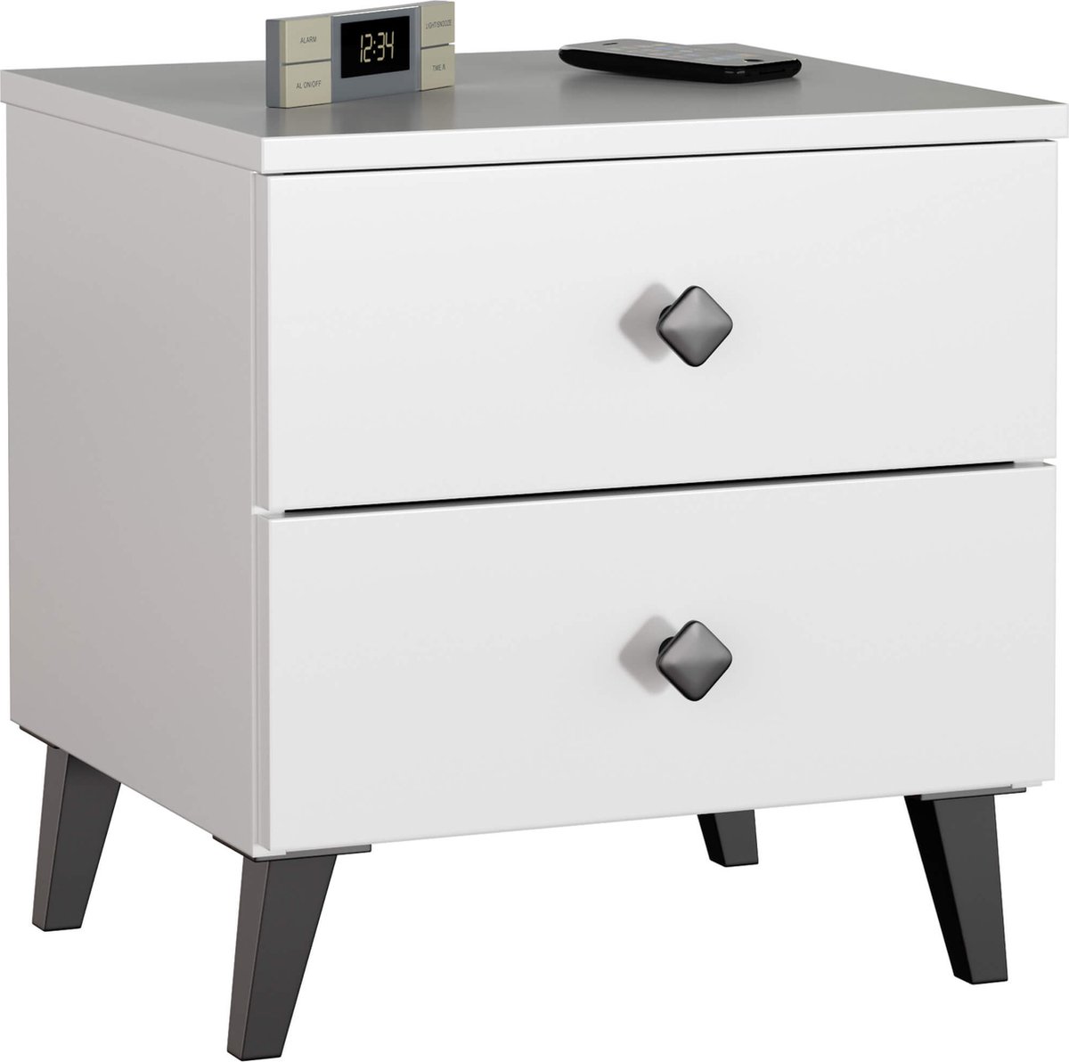Akord Nachtkastje MOBI met 2 Lades / AKORD Furniture Factory / Wit met Zwarte Handgrepen / 40 x 43 x 37 cm