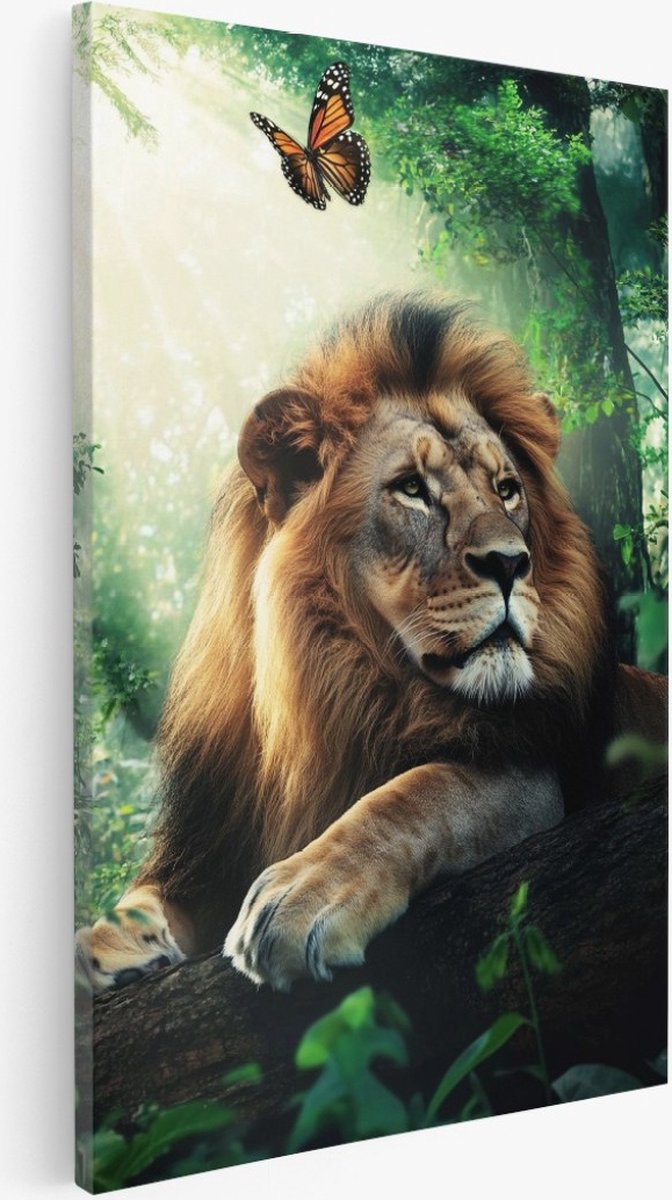 Saammp Canvas Schilderij - Leeuw in de jungle - Dieren - Abstract - 50x70 - Foto op canvas - Wanddecoratie - Muurdecoratie Woonkamer - Slaapkamer decoratie - Canvas Print Multicolor