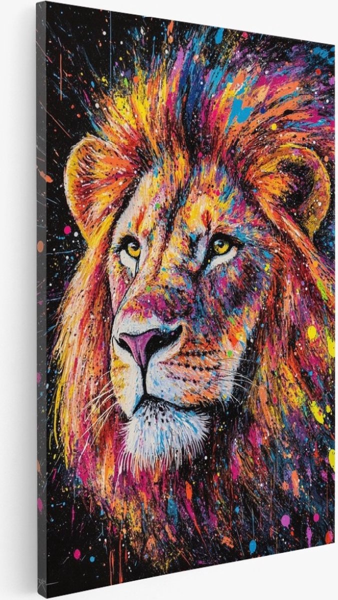Saammp Canvas Schilderij - Leeuw met kleurrijke verfspetters - Dieren - Natuur - 50x70 - Foto op canvas - Wanddecoratie - Muurdecoratie Woonkamer - Slaapkamer decoratie - Canvas Print Multicolor