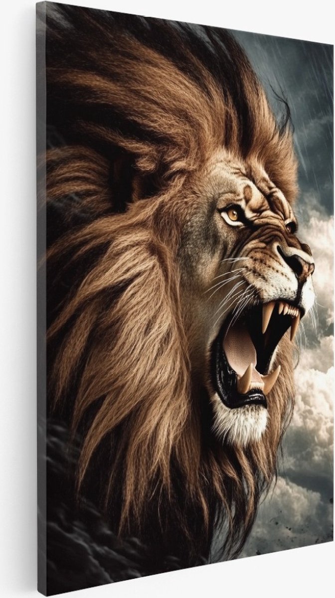 Saammp - Canvas Schilderij - Brullende Leeuw tijdens een storm - Dieren - Natuur - 40x50 -