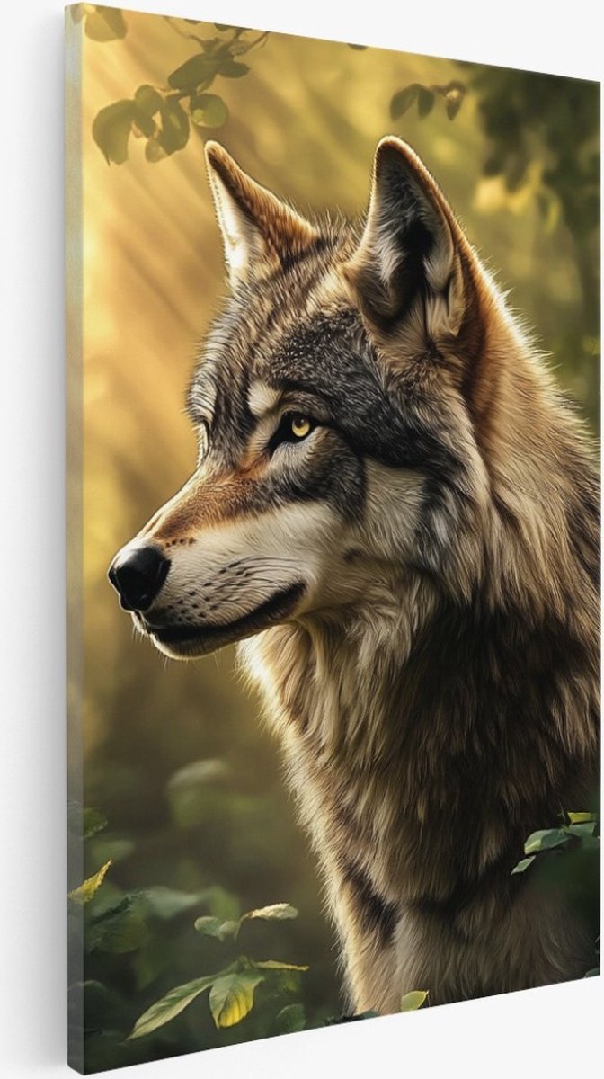 Saammp Canvas Schilderij - Wolf tussen de hoge bomen - Natuur - Landschap - 100x150 - Foto op canvas - Wanddecoratie - Muurdecoratie Woonkamer - Slaapkamer decoratie - Canvas Print Multicolor