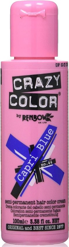 Roze flesje Crazy Color Capri Blue haarverf 100ml met tekst.