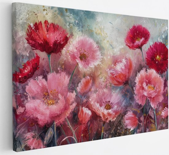 Saammp Canvas Schilderij - Roze met rode bloemen - Abstract - 30x20 - Foto op canvas - Wanddecoratie - Muurdecoratie Woonkamer - Kantoor Decoratie