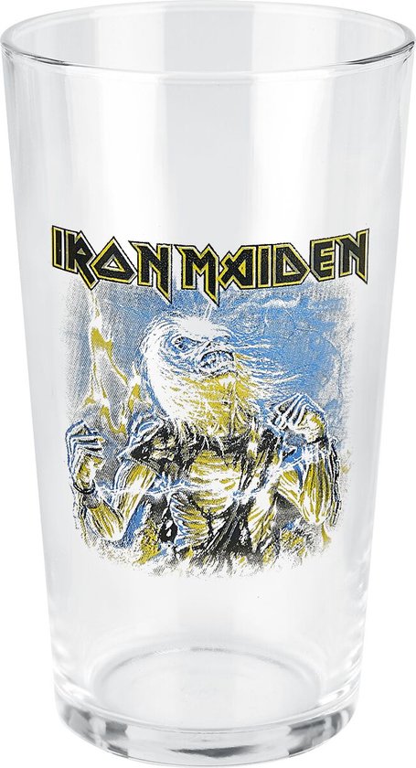 Iron Maiden 'Live After Death'-glas met daarop de mascotte Eddie in een bliksem-explosie.