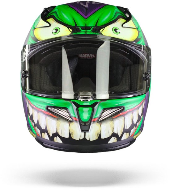 Vooraanzicht van een paarse helm met een griezelige groene Goblin-print. De helm heeft grote tanden en groene ogen.