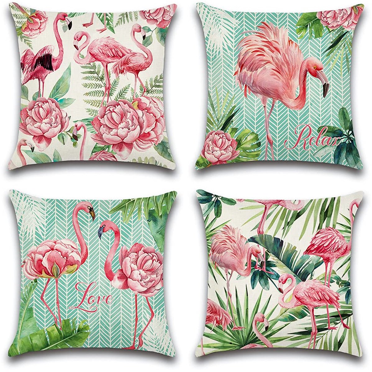 My Ninki ® Set van 4 Weerbestendige Kussenhoezen met Flamingo en Bloemen voor Buiten en Binnen