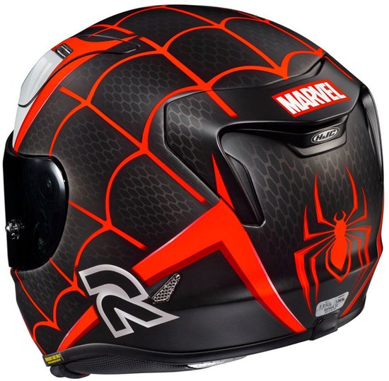 Achterkant van zwarte HJC helm met rood spinnenwebpatroon, Marvel-logo en spinnen-afbeelding.