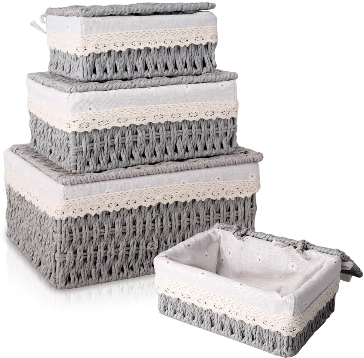 My Ninki ® Set van 3 Stijlvolle Gevlochten Opbergmanden met Deksel voor Elke Ruimte in Huis