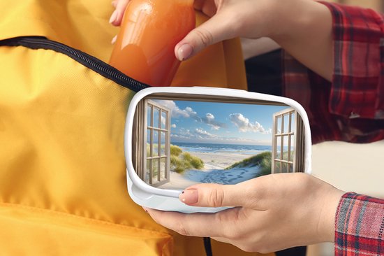 Boîte à pain blanche - Lunchbox Vue - Plage - Fenêtre - Dunes - Mer - Boîte à lunch 18x12x6 cm