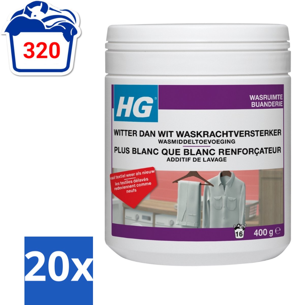 20 x HG Witter Dan Wit Waskrachtversterker Met Vlekoplosser 500 gr - Wit Textiel - Wasmiddel - Waskracht - Witheid - Wasgoed