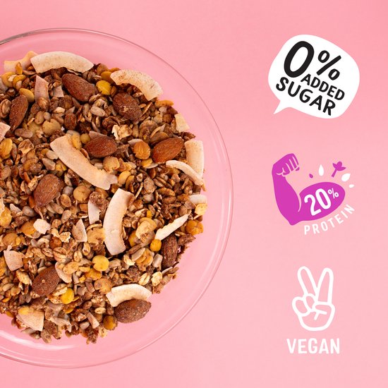 Holie's Granola Protein Amandel Speculaas met amandelen en kokos, 0% toegevoegde suiker, 20% eiwit, vegan.