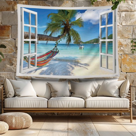 Ulticool View Beach Sea Palm Tree - Affiche Tapisserie - 200x150 cm - Groot tapisserie - Affiche Jardin Tapisserie