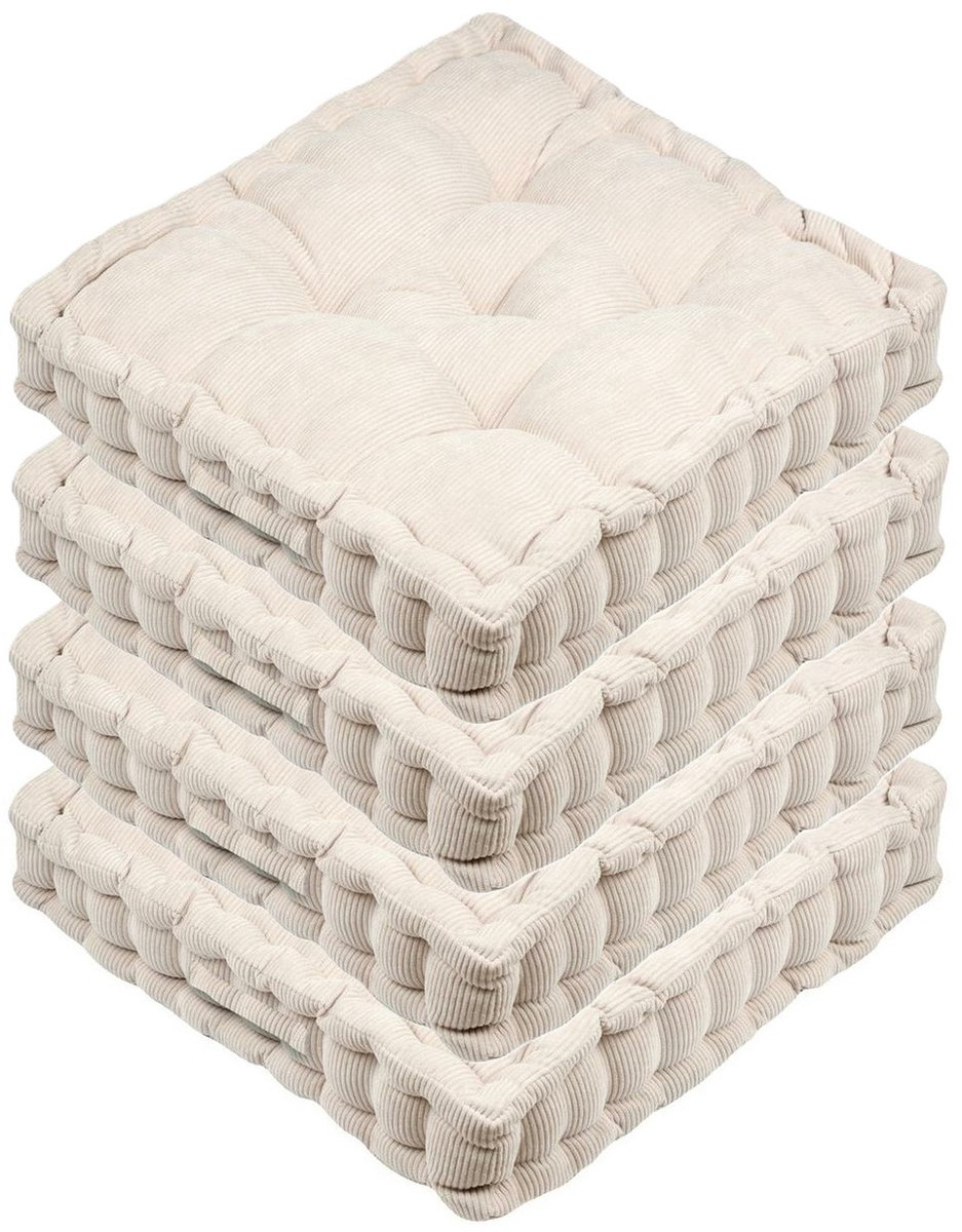 Stof Textile Vloerkussen Ribcord - 4x - lichtbeige - 45 x 45 x 10 cm - vierkant - Extra dik - extra zitplaatsen - spelen - gamen - relaxen Licht beige