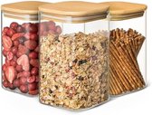 Selbro ® Set de 3 Bocaux de conservation en Verres avec couvercle en bois - Hermétiques - 1 L - Carrés - Verre borosilicaté transparent