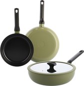 Vaderdagcadeau tip: BK Enjoy keramische inductie pannenset 3-delig - inductie koekenpan 24/28cm - Inductie Wokpan 28cm - PFAS vrij - Olijfgroen - koelgrepen - ovenbestendig tot 160° - vaatwasserbestendig - Vaderdag