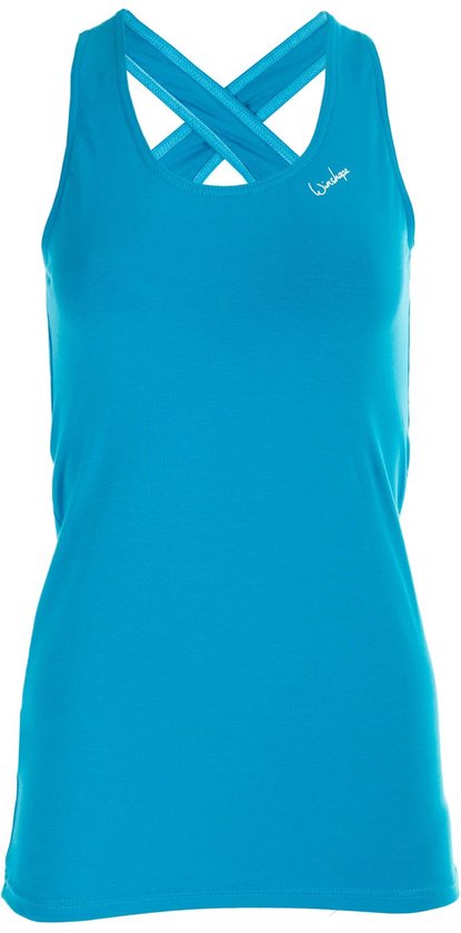 Blauwe sporttanktop met gekruiste bandjes en een rond gat op de rug.