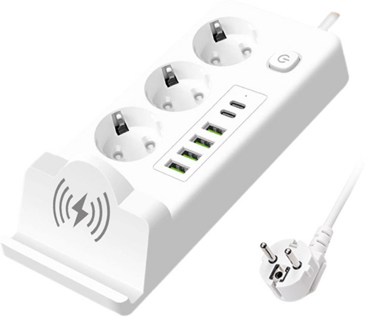 Oneproduct Stekkerdoos met Schakelaar - Stekkerdoos met usb - Draadloze Telefoon Oplader - Verlengsnoer - Verlengkabel - 4x USB - 2x USB C - 3 Stopcontacten - Wit