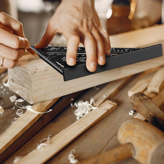 Équerre de charpentier 180 mm - Règle en aluminium - Équerre de charpentier triangulaire 45/90 degrés - Outil de mesure de haute précision - Pour charpentier, couvreur, ingénieur - Zwart