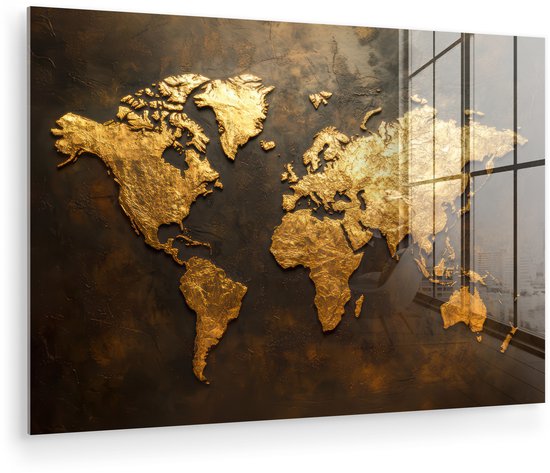 MuchoWow® Glasschilderij 120x80 cm - Schilderij acrylglas - Wereldkaart - Goud - Roest - Foto op glas - Muurdecoratie woonkamer - Wanddecoratie slaapkamer - Schilderijen